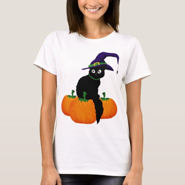 Svart katt med hatt och pumpor för Halloween T Shirt (Framsida)