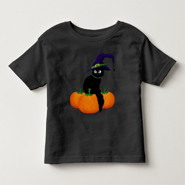 Svart katt med hatt och pumpor för Halloween T Shirt (Framsida)