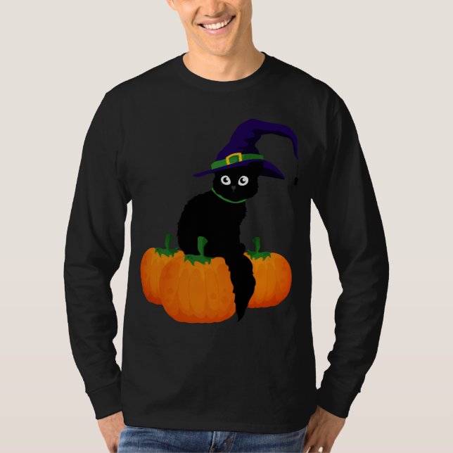Svart katt med hatt och pumpor för Halloween T Shirt (Framsida)