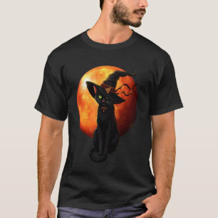 Svart katt med häxhatt fullmåne Halloween T Shirt