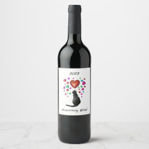 Svart katt med Hearts Vin-etiketter Vinflaska Etikett