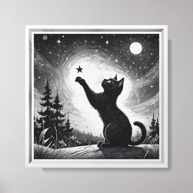 Svart katt med himmel med måne  canvastryck (Framsida)