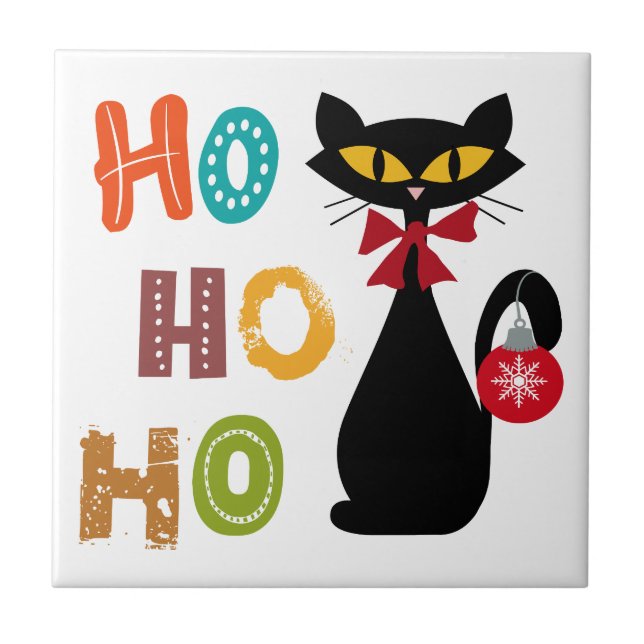 Svart katt med Ho Ho Ho-textdesign Kakelplatta (Framsidan)