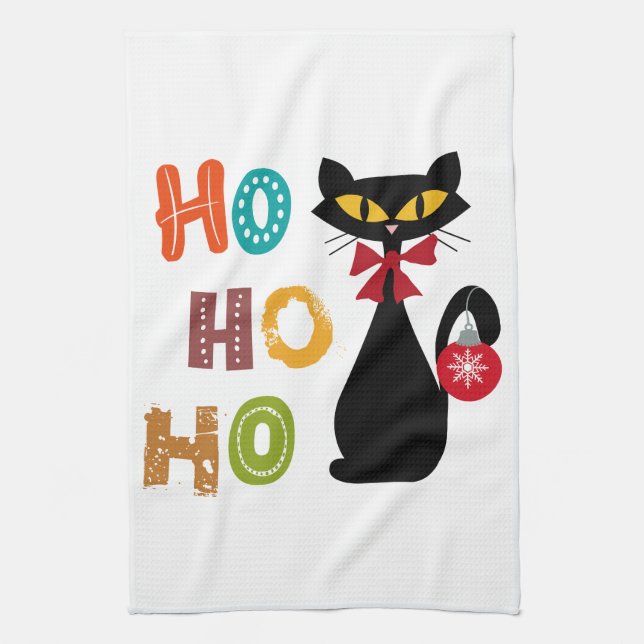 Svart katt med Ho Ho Ho-textdesign Kökshandduk (Vertikal)