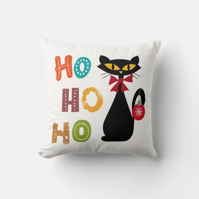 Svart katt med Ho Ho Ho-textdesign Kudde (Framsida)