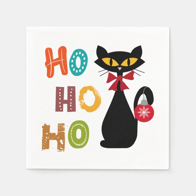 Svart katt med Ho Ho Ho-textdesign Pappersservett (Framsidan)
