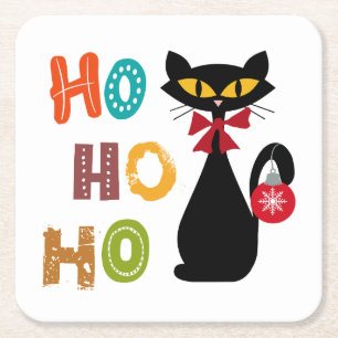 Svart katt med Ho Ho Ho-textdesign Underlägg Papper Kvadrat
