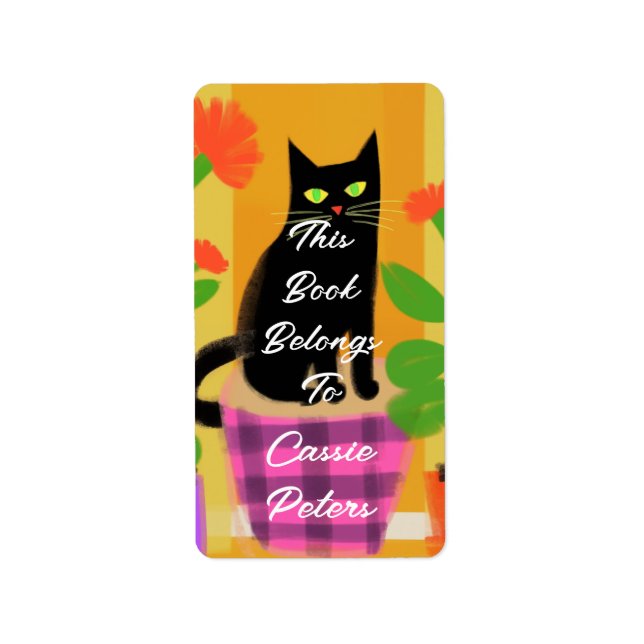 Svart katt med hushåll i Bok i Tillhör till Adressetikett (Framsidan)