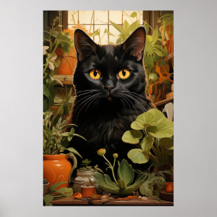 Svart katt med huskplantor poster