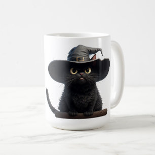 Svart katt med intensiva ögon och häxhatt magi 🐈 kaffemugg