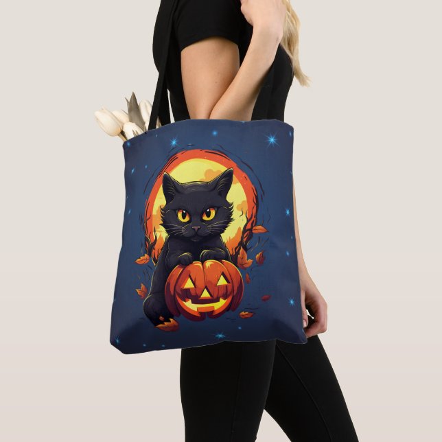 Svart katt med Jack-O' Lantern Halloween Tygkasse (Närbild)