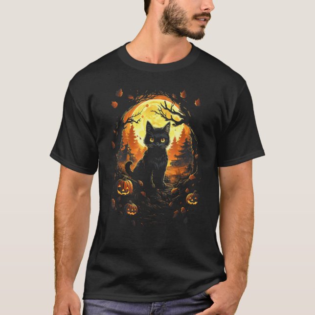 Svart katt med Jackolantern och fullmåne - Hallow T Shirt (Framsida)