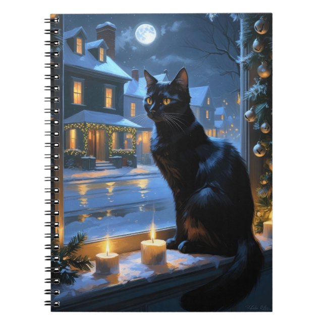 Svart Katt Med Julbelysning Högtid Anteckningsbok (Framsidan)