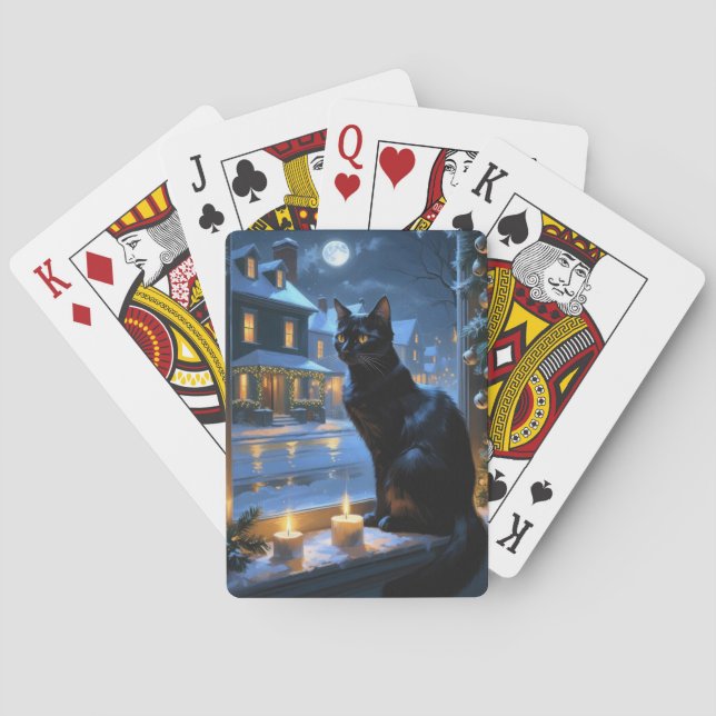 Svart Katt Med Julbelysning Högtid Casinokort (Baksidan)