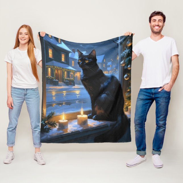 Svart Katt Med Julbelysning Högtid Fleecefilt (På plats)