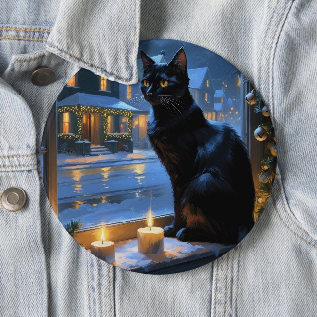 Svart Katt Med Julbelysning Högtid Knapp (In Situ)