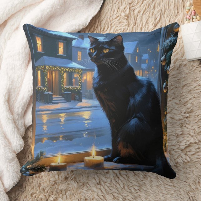 Svart Katt Med Julbelysning Högtid Kudde (Filt)