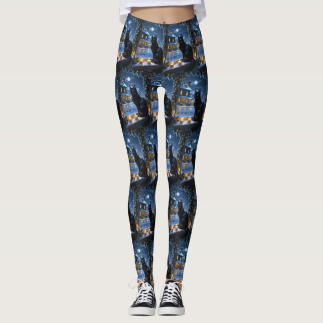 Svart Katt Med Julbelysning Högtid Leggings (Framsida)