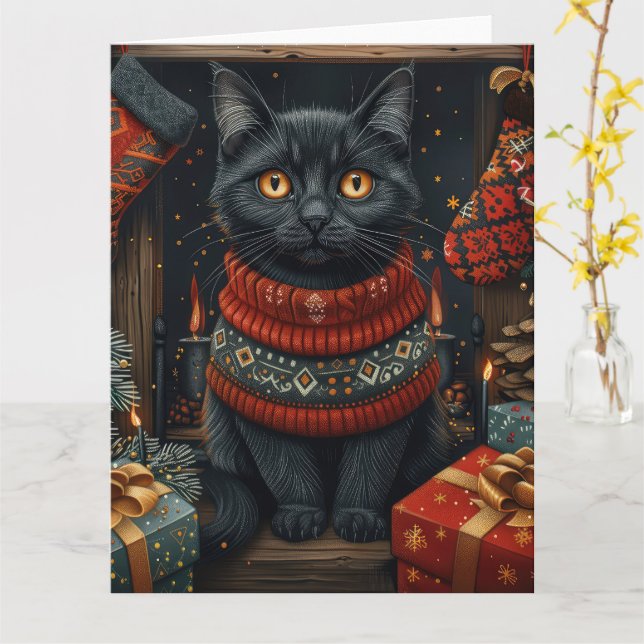 Svart katt med julklappar Kaminen Kort (Gul blomma)
