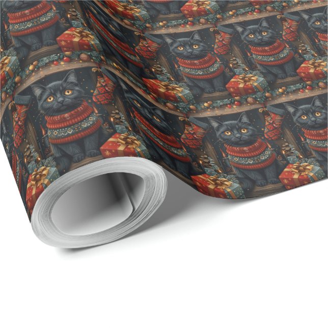 Svart katt med julklappar öppen spis presentpapper (Rulle Hörn)