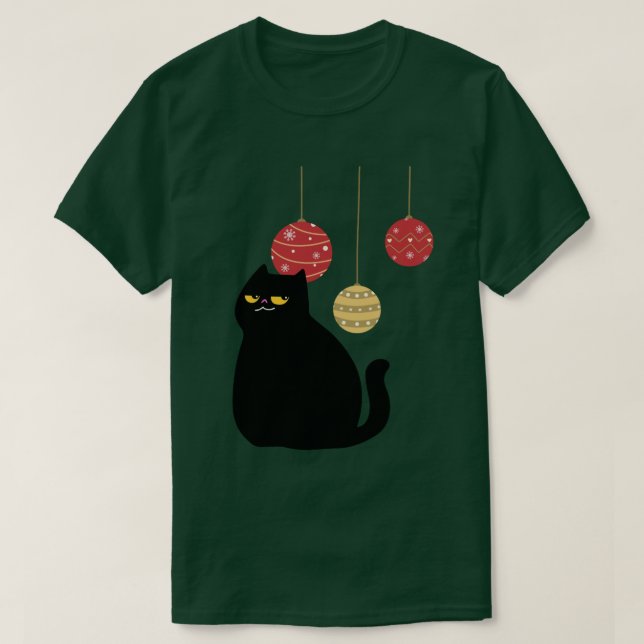 Svart katt med julprydnad T-shirt (Design framsida)