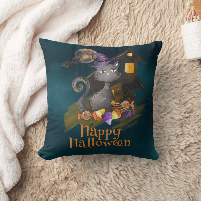 Svart katt med kaner, Halloween Kudde (Filt)