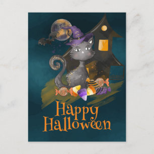 Svart katt med kaner, Halloween Vykort