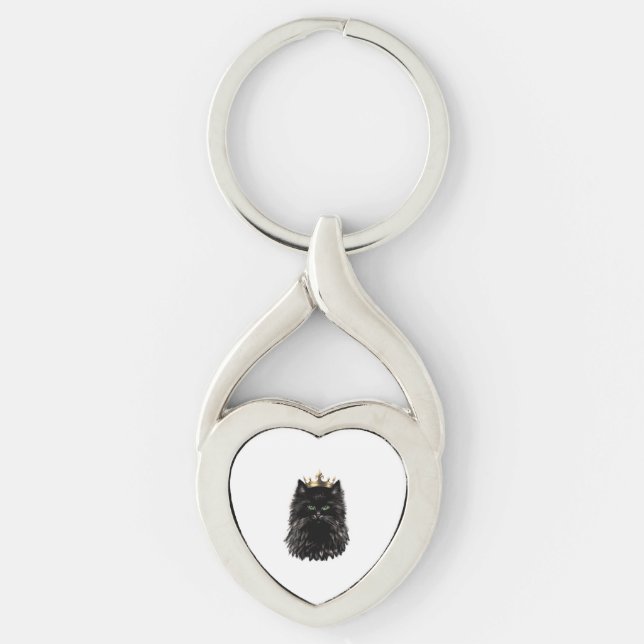 Svart katt med Krona DIgital Art Twisted Heart Silverfärgad Nyckelring (Framsidan)