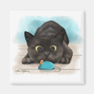 Svart katt med leksaksråtta tecknad serie magnet