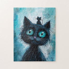 Svart katt med liten katt på huvudet pussel