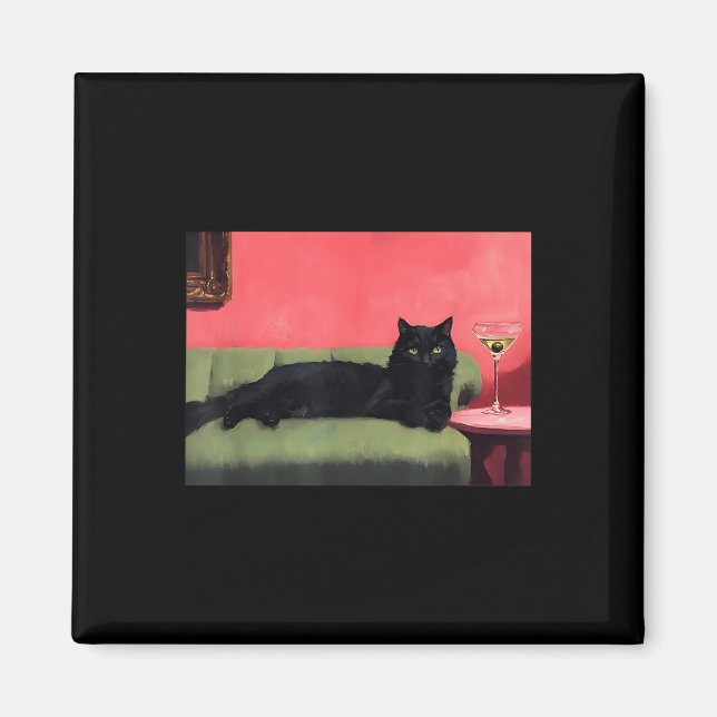 Svart katt med Martini konsttryck  Magnet (Framsidan)