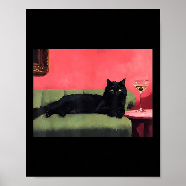 Svart katt med martini konsttryck  poster (Framsidan)