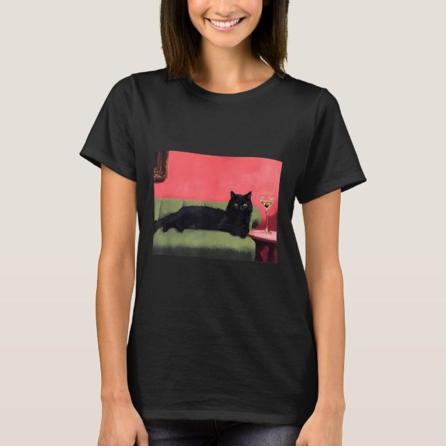 Svart katt med martini konsttryck  t shirt (Framsida)