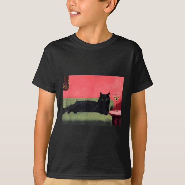 Svart katt med martini konsttryck  t shirt (Framsida)