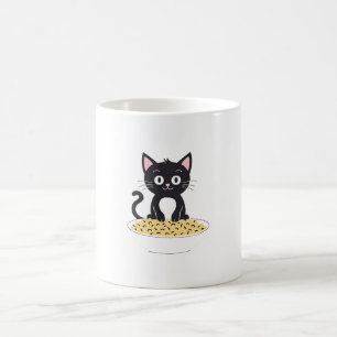 Svart katt med mat kaffemugg