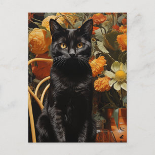 Svart katt med Orange blommor Vykort