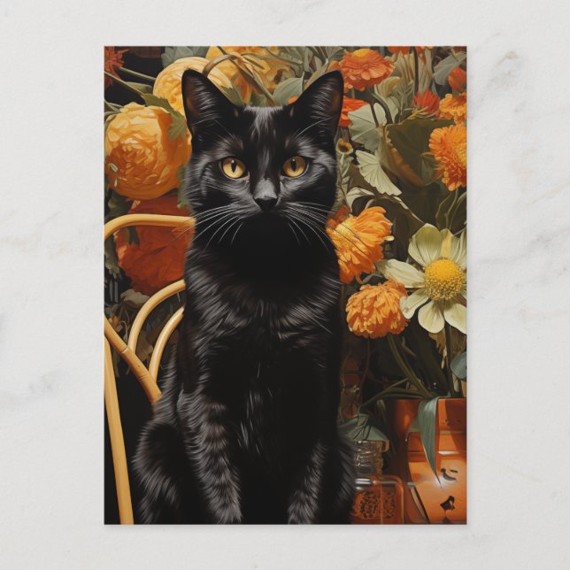 Svart katt med Orange blommor Vykort (Framsida)