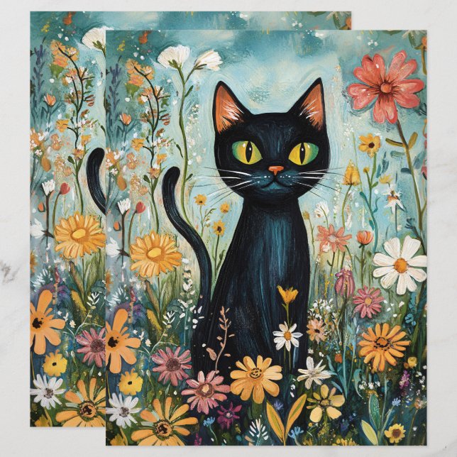 svart katt med Papper blomsterbock (Fram/baksida)