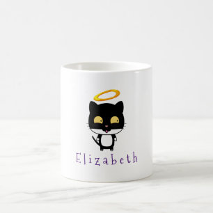 Svart katt med Personligen Golden Halo Cute Angel Kaffemugg