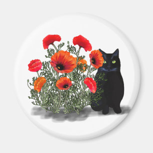 Svart katt med poppies Magnet
