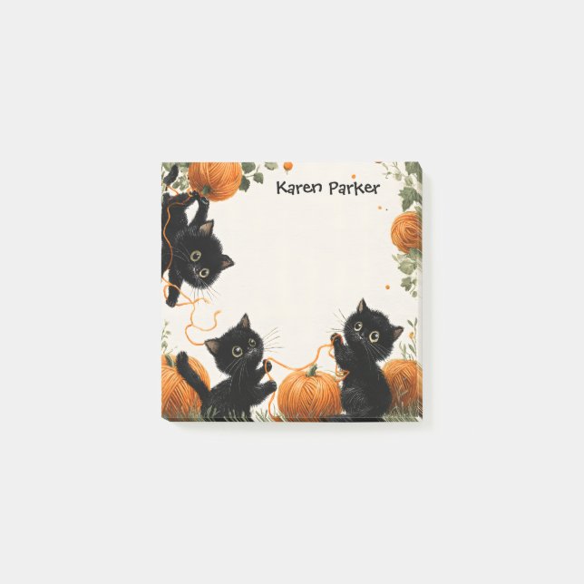 Svart katt med Pumpkin-inspirerad Orange Post-it Block (Framsida)