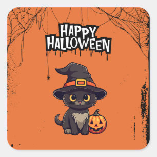 Svart katt med Pumpkin Jack O'Lantern Fyrkantigt Klistermärke