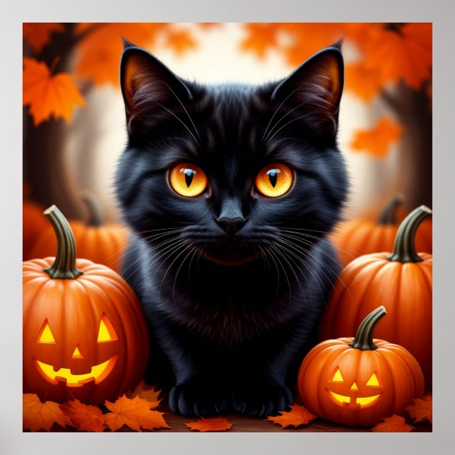 Svart Katt Med Pumpor För Höstdekor 🍁 Poster (Framsidan)