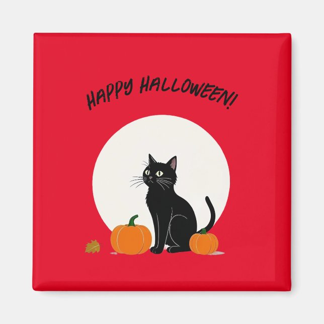 Svart katt med pumpor | HAPPY HALLOWEEN Magnet (Framsidan)
