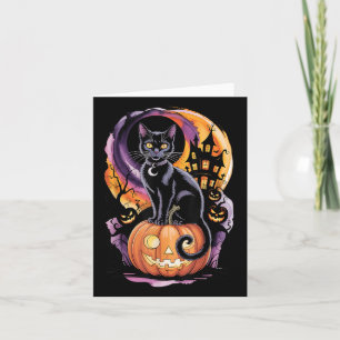 Svart Katt Med Pumpor Under Fullmåne På Halloween Kort