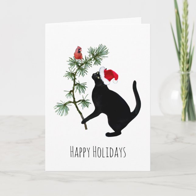 Svart katt med Red Bird i Träd-julkort Kort (Framsida)