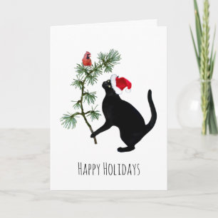 Svart katt med Red Bird i Träd-julkort Kort