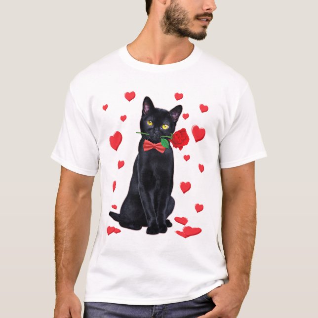 Svart katt med Ro Valentines Valentine Cat Kärlek T Shirt (Framsida)