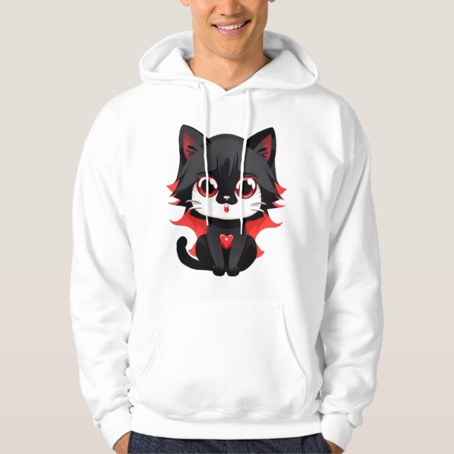 Svart katt med röd färg hoodie (Framsida)