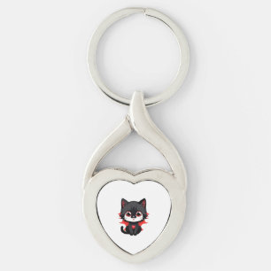 Svart katt med röd färg twisted heart silverfärgad nyckelring